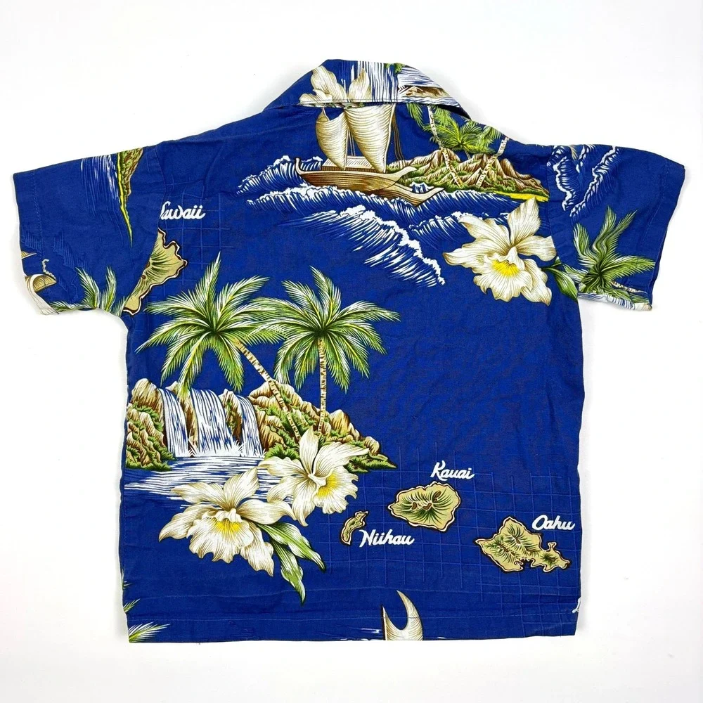 VTG 90s‎ Ky's Hawaiian Shirt Kids Sz 4 Blue Floral Palm Trees Islands Wa'a Boat